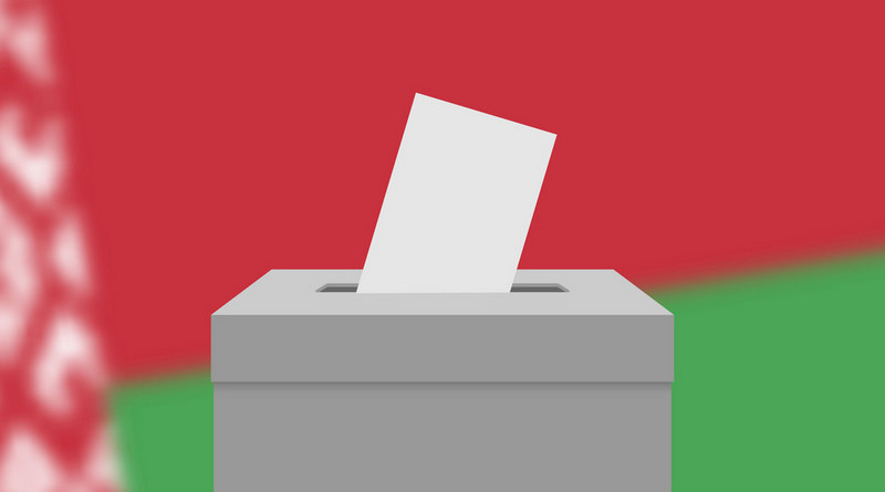 Belarus election banner background. Ballot Box with blurred flag